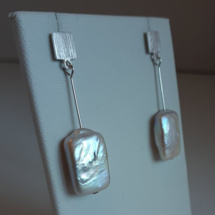 925 Sterling Silver Pearl Rectangle Earrings - JOANNE MASSEY ARTISAN JEWELLERY