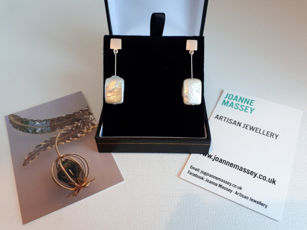 925 Sterling Silver Pearl Rectangle Earrings - JOANNE MASSEY ARTISAN JEWELLERY