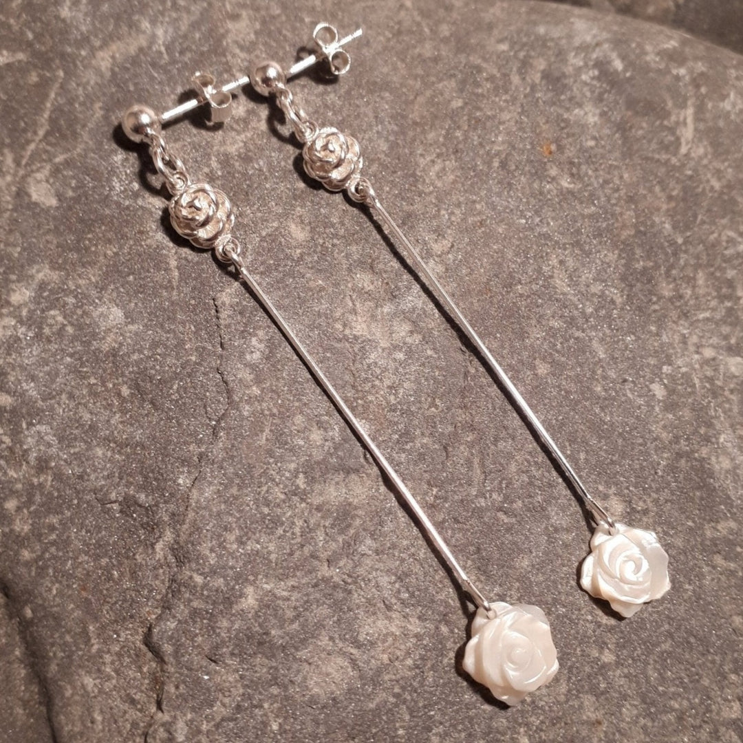 925 Sterling Silver Rose Carved White Shell Earrings. - JOANNE MASSEY ARTISAN JEWELLERY