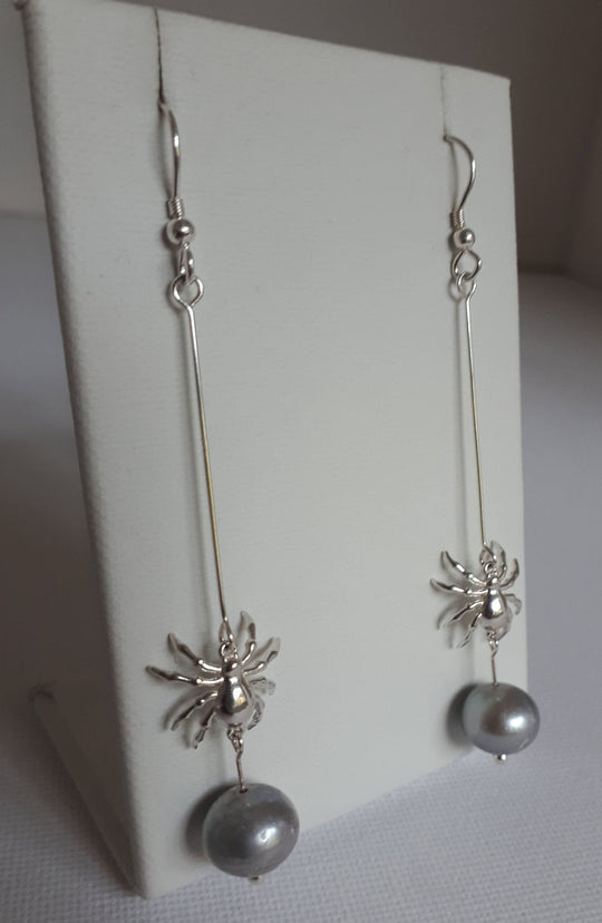 925 Sterling Silver Spider & Pearl Earrings. - JOANNE MASSEY ARTISAN JEWELLERY