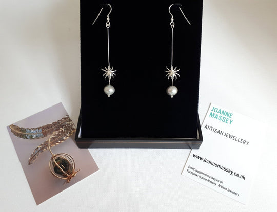 925 Sterling Silver Spider & Pearl Earrings. - JOANNE MASSEY ARTISAN JEWELLERY