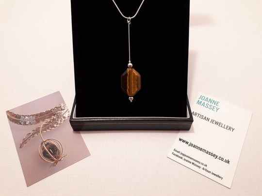 925 Sterling Silver Tigers Eye Long Drop Necklace. - JOANNE MASSEY ARTISAN JEWELLERY