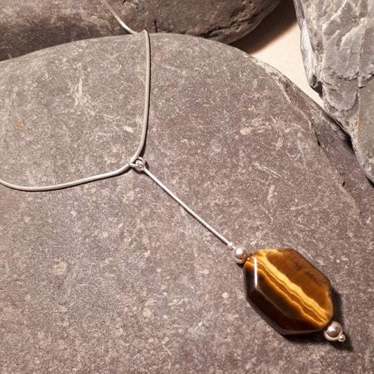 925 Sterling Silver Tigers Eye Long Drop Necklace. - JOANNE MASSEY ARTISAN JEWELLERY