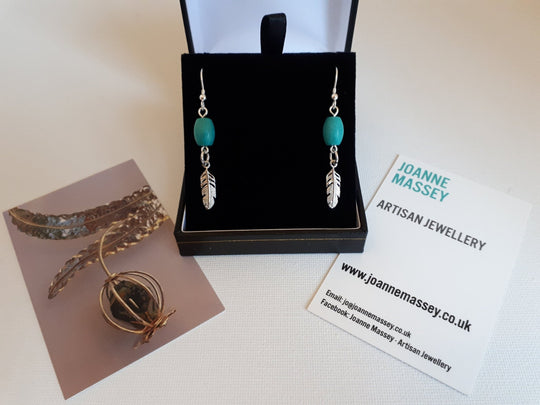 925 Sterling Silver Turquoise and Feather Earrings. - JOANNE MASSEY ARTISAN JEWELLERY