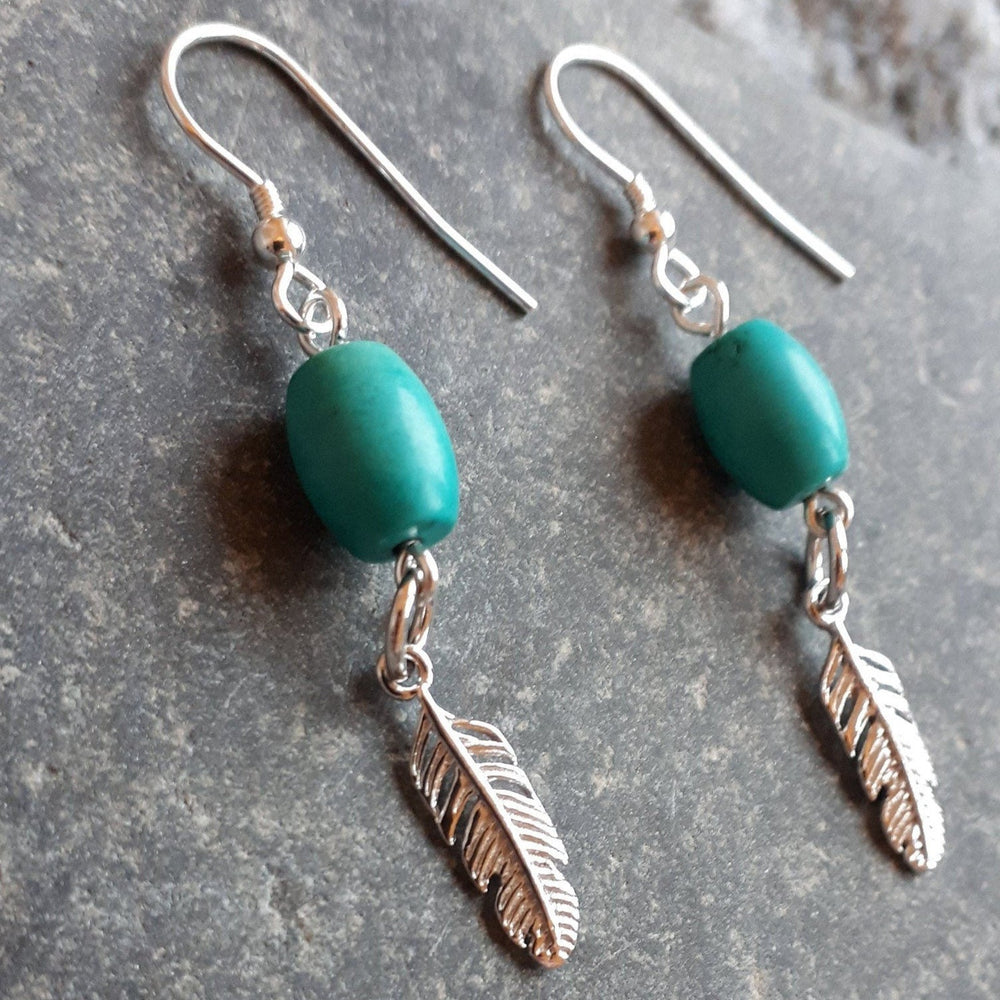 925 Sterling Silver Turquoise and Feather Earrings. - JOANNE MASSEY ARTISAN JEWELLERY